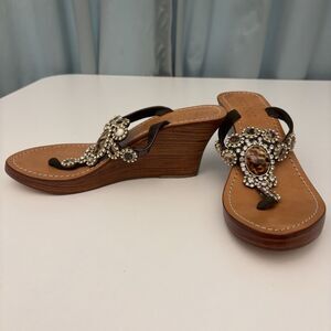 Wedge Thong Sandal Sz‎ 8 Brown Leo Crystal Monique MobWives BarbieCorp Embellish
